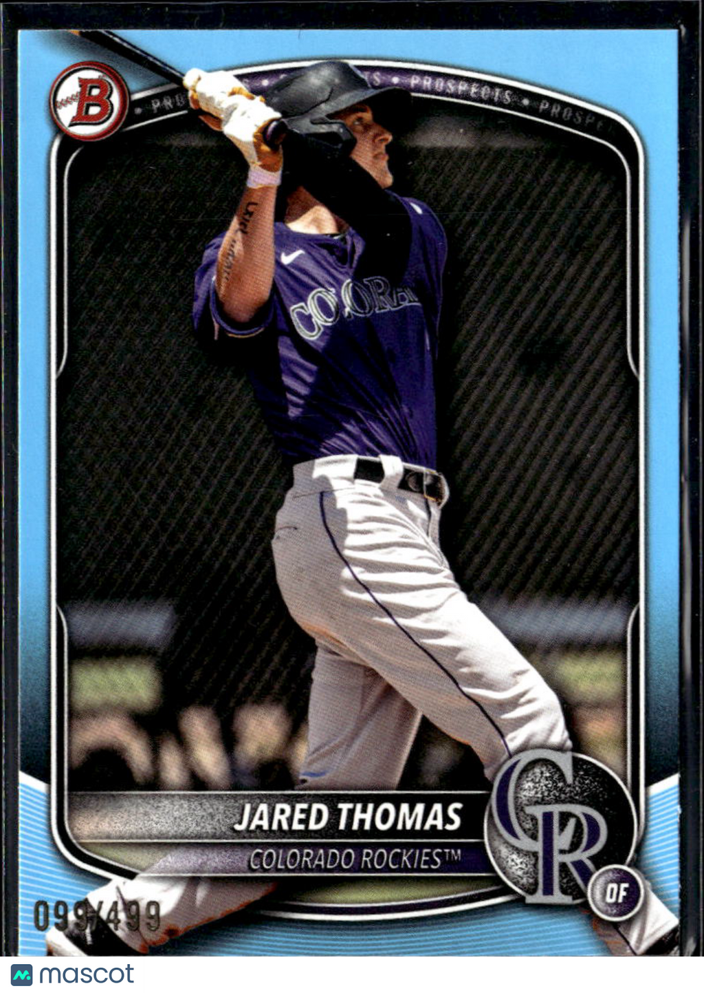 Jared Thomas 2025 Bowman Sky Blue Border /499 Colorado Rockies