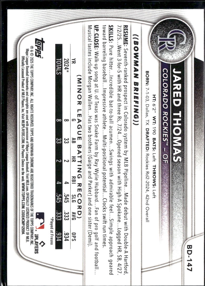 Jared Thomas 2025 Bowman Sky Blue Border /499 Colorado Rockies