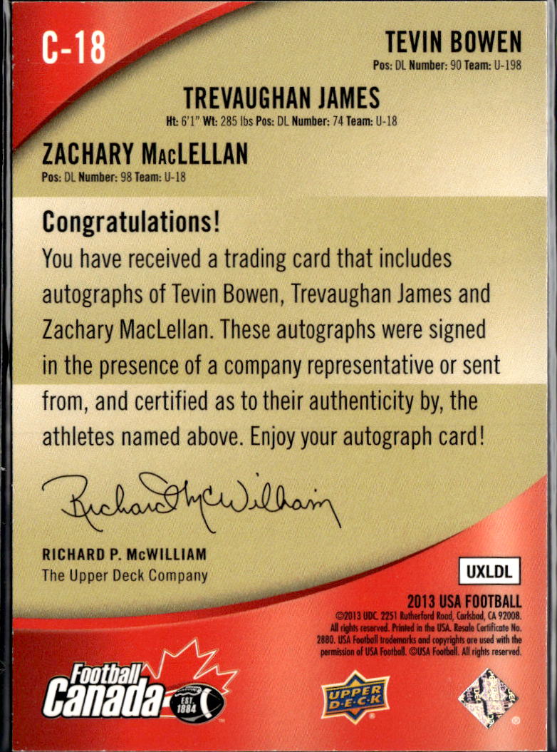 Zachary MacLellan Trevaughan James Bowen 2013 Upper Deck Triple Auto Canada