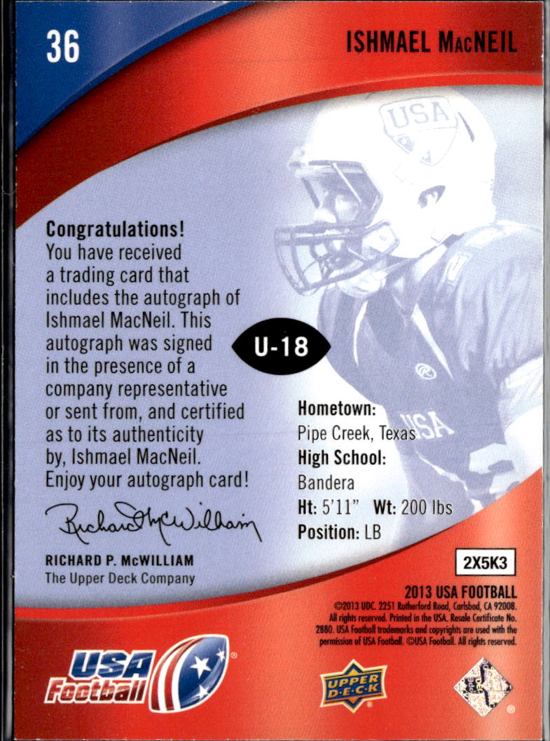 Ishmael MacNeil 2013 Upper Deck USA Football Auto Autograph U-18
