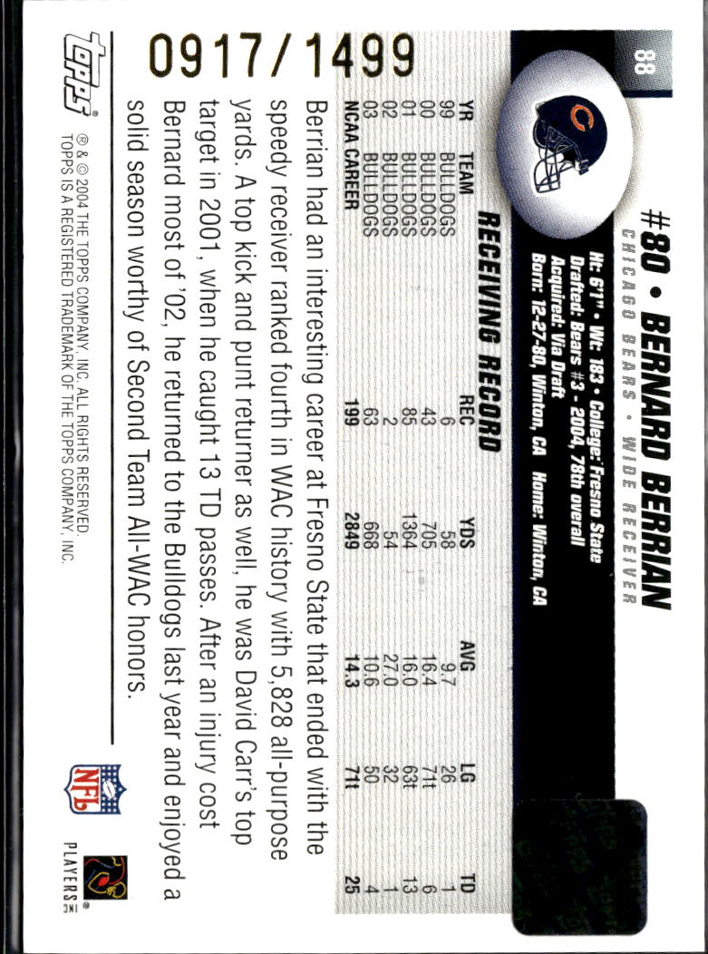 Bernard Berrian 2004 Topps Signature Auto Autograph RC /1499 Chicago Bears