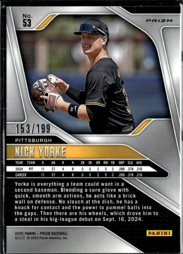 Nick Yorke 2025  Prizm RC Blue Rookie 153/199 Pittsburgh Pirates