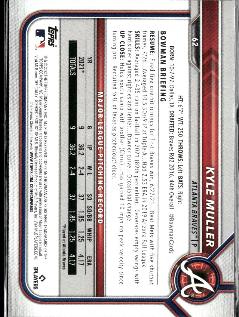 Kyle Muller 2022 Bowman RC Purple 63/199 Atlanta Braves