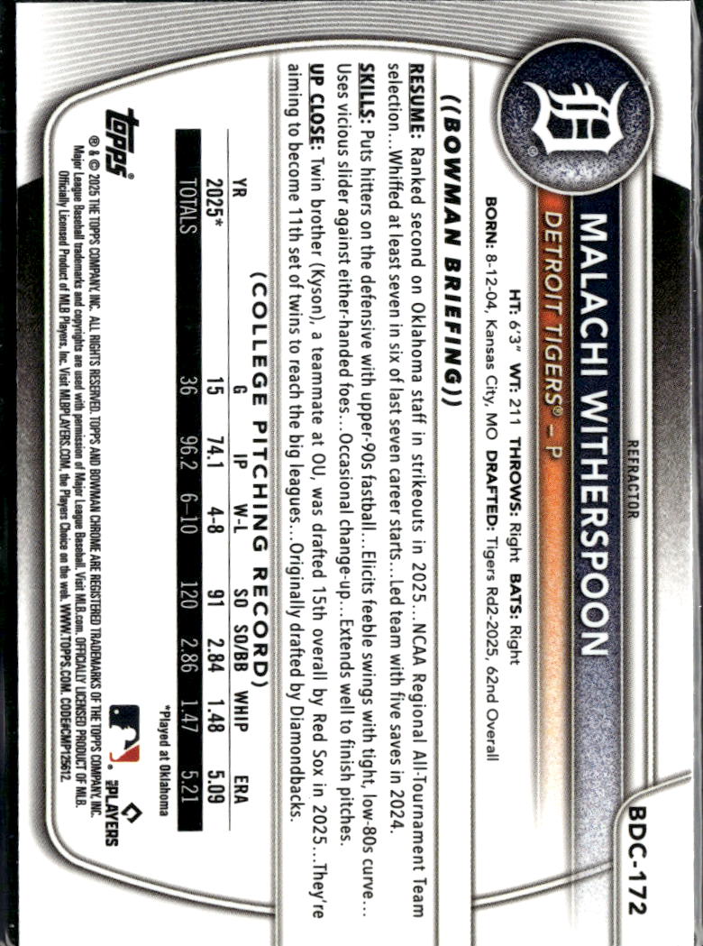 Malachi Witherspoon 2025 Bowman Chrome 1st Refractor RC Detroit Tigers