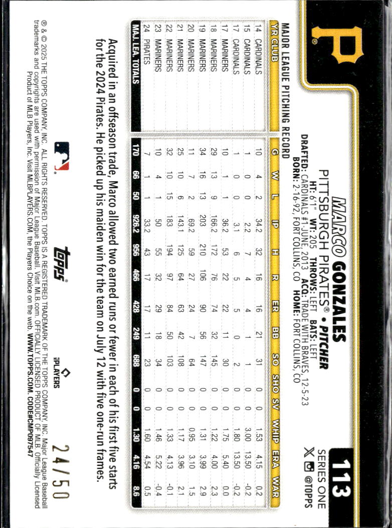 Marco Gonzales 2025 Topps Series One GOLD Palm Tree 24/50 Pittsburgh Pirates
