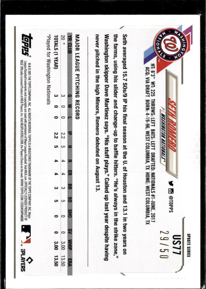 Seth Romero 2021 Topps RC Mother's Day Pink /50 Washington Nationals