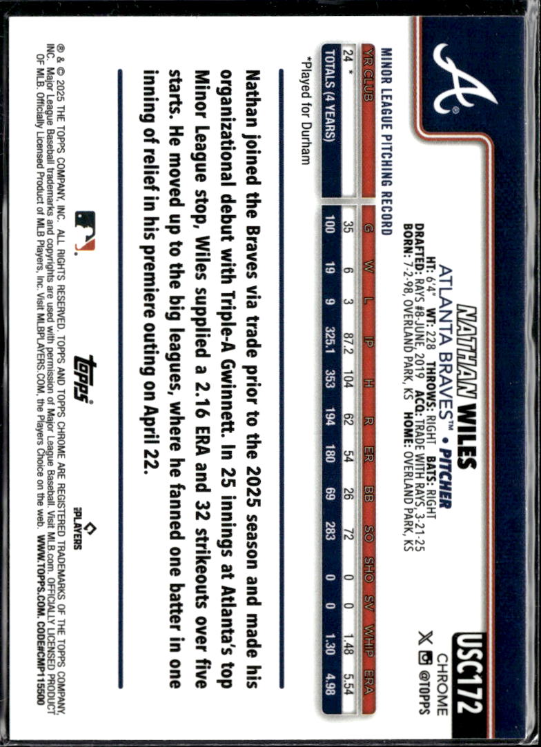 Nathan Wiles 2025 Topps Chrome RC Aqua Rookie /199 Atlanta Braves