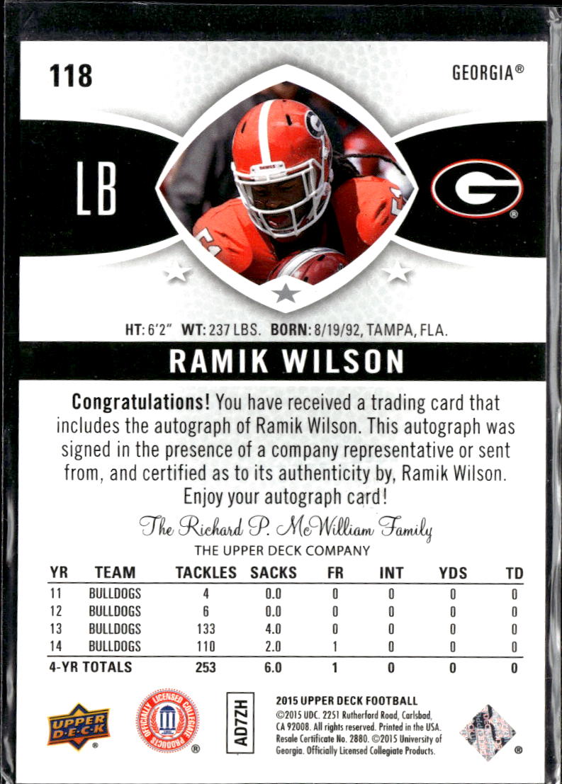 Ramik Wilson 2015 Upper Deck Football Auto Autograph RC Georgia Bulldogs