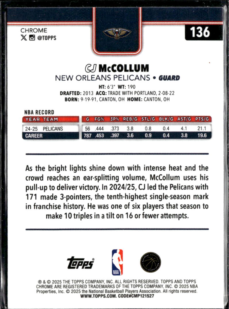 CJ McCollum 2025 Topps Chrome Yellow Wave 272/275 New Orleans Pelicans
