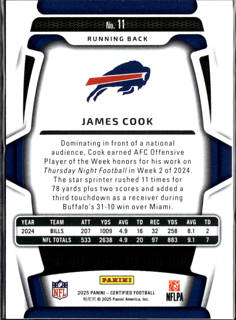 James Cook 2025 Certified Purple 133/299 Buffalo Bills
