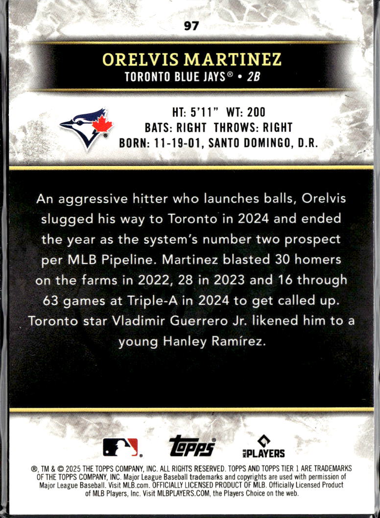 Orelvis Martinez 2025 Topps Tier One Rookie RC Toronto Blue Jays