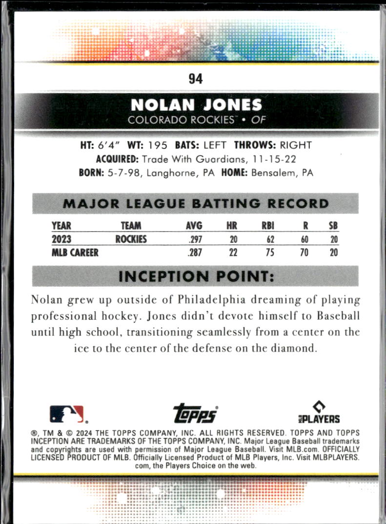 Nolan Jones 2024 Topps Inception Purple 7/150 Colorado Rockies