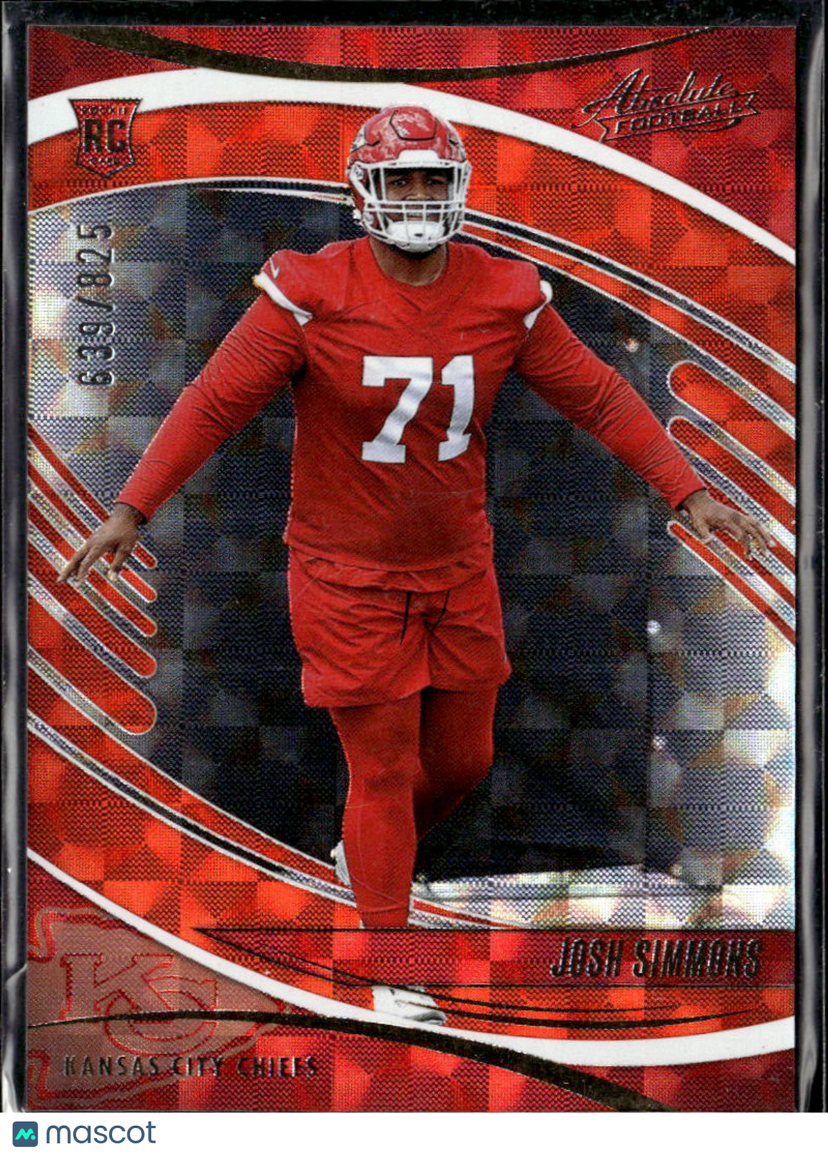 Josh Simmons 2025 Absolute Orange RC /825 Kansas City Chiefs