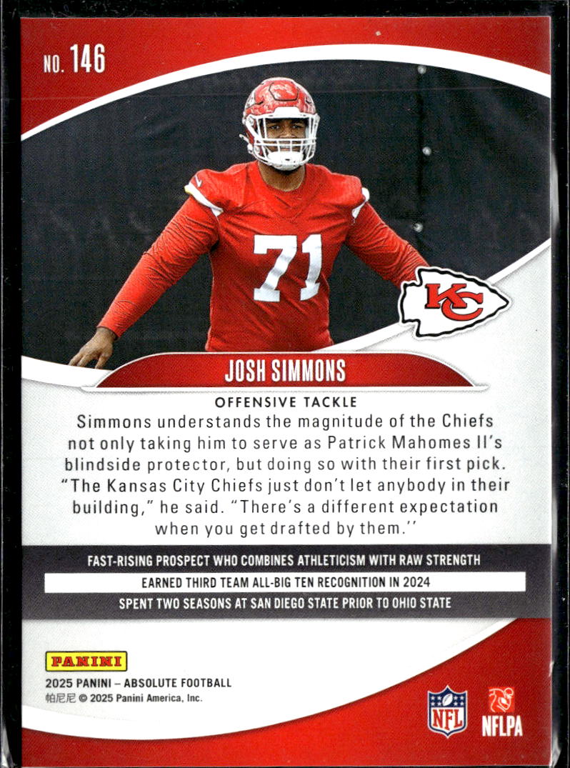 Josh Simmons 2025 Absolute Orange RC /825 Kansas City Chiefs