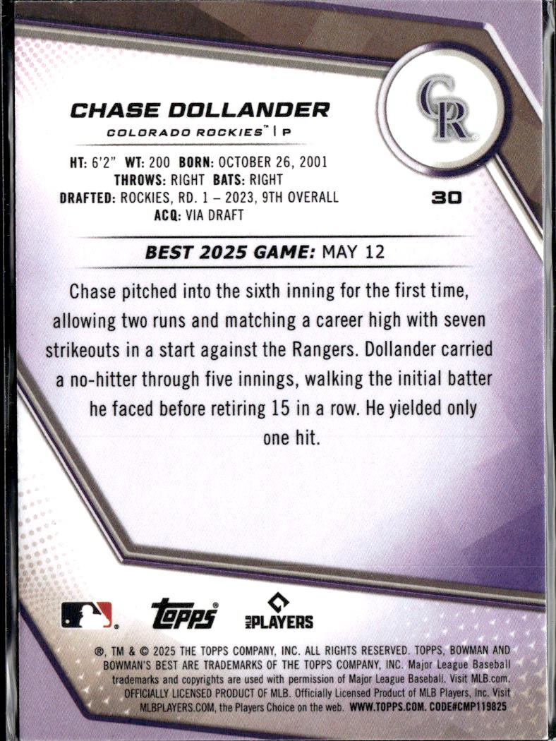Chase Dollander 2025 Bowman's Best Mini Diamond RC /299 Colorado Rockies