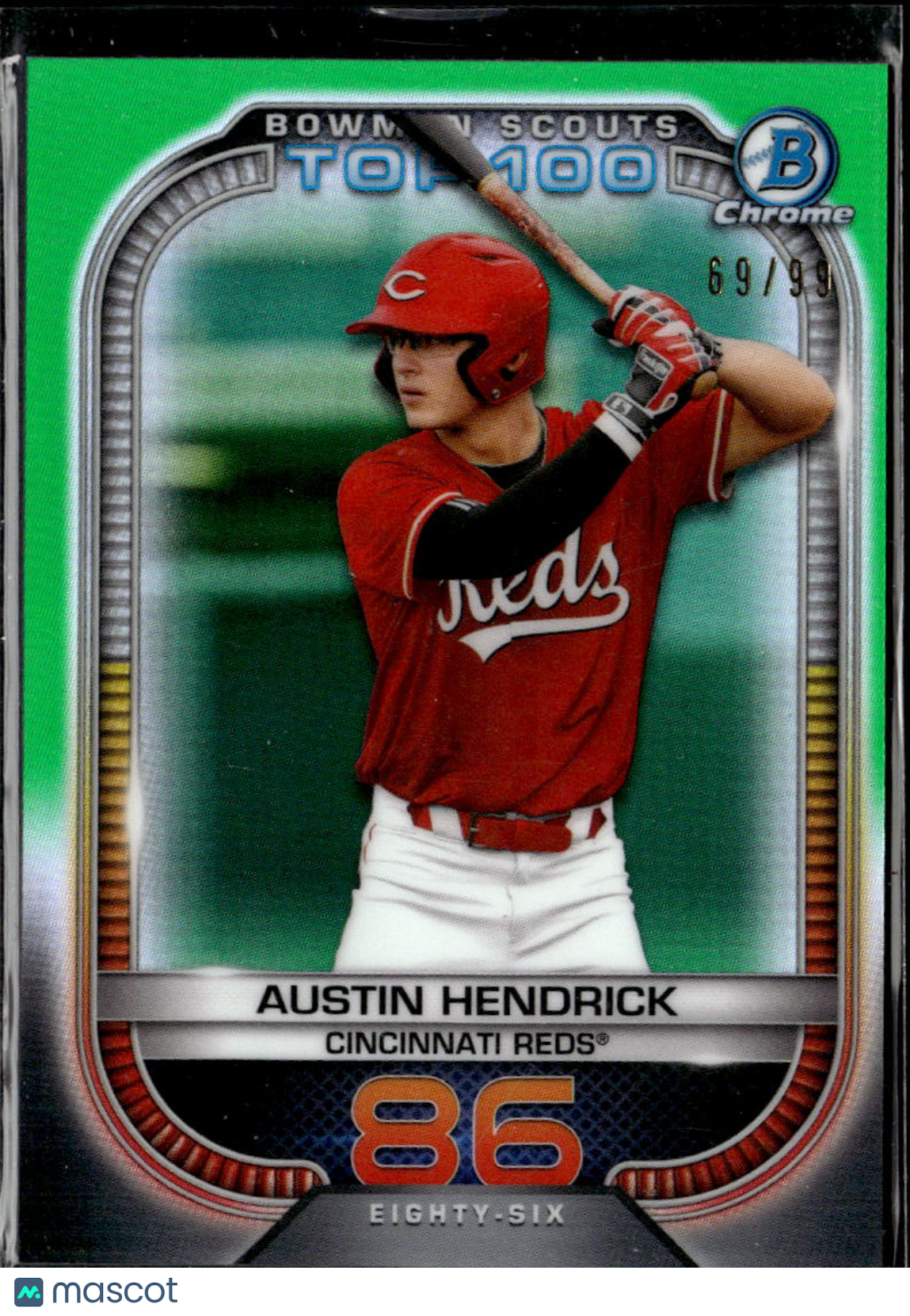 Austin Hendrick 2021 Bowman Chrome Scouts Top 100 Green /99 Cincinnati Reds