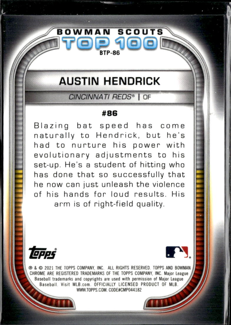 Austin Hendrick 2021 Bowman Chrome Scouts Top 100 Green /99 Cincinnati Reds