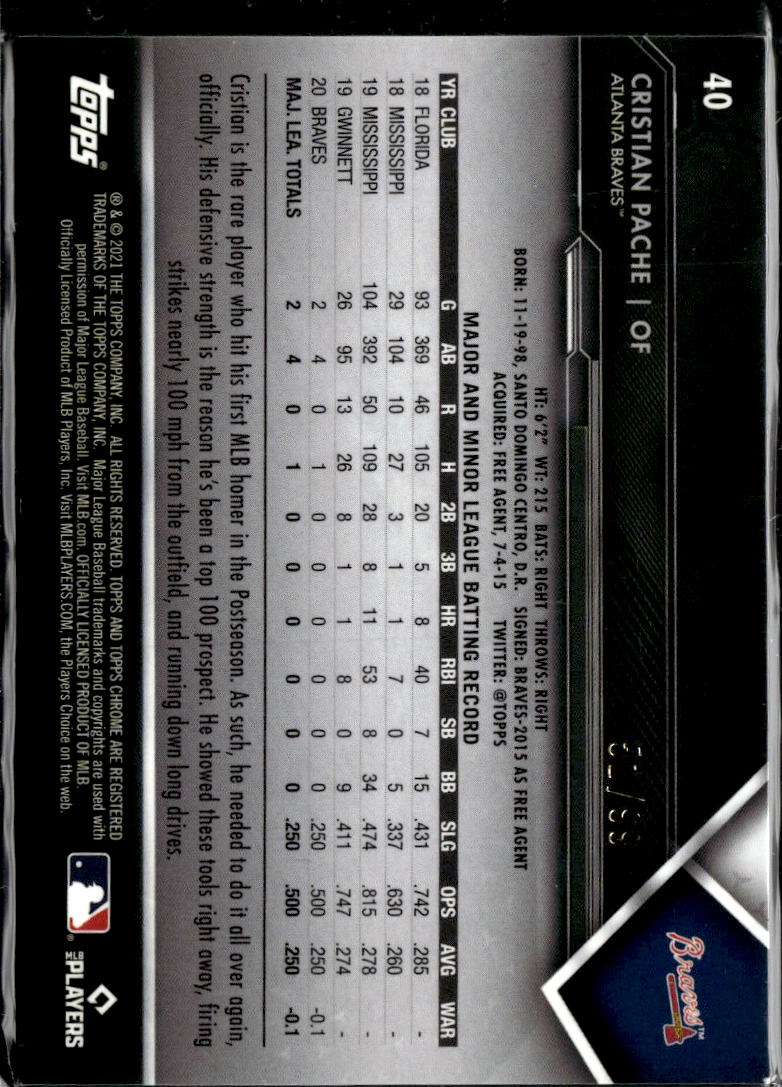 Cristian Pache 2021 Topps Chrome Black Aqua RC 51/99 Atlanta Braves