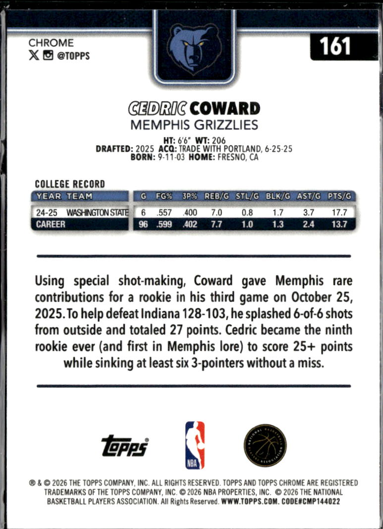 Cedric Coward 2026 Topps Chrome Update XFractor RC Memphis Grizzlies