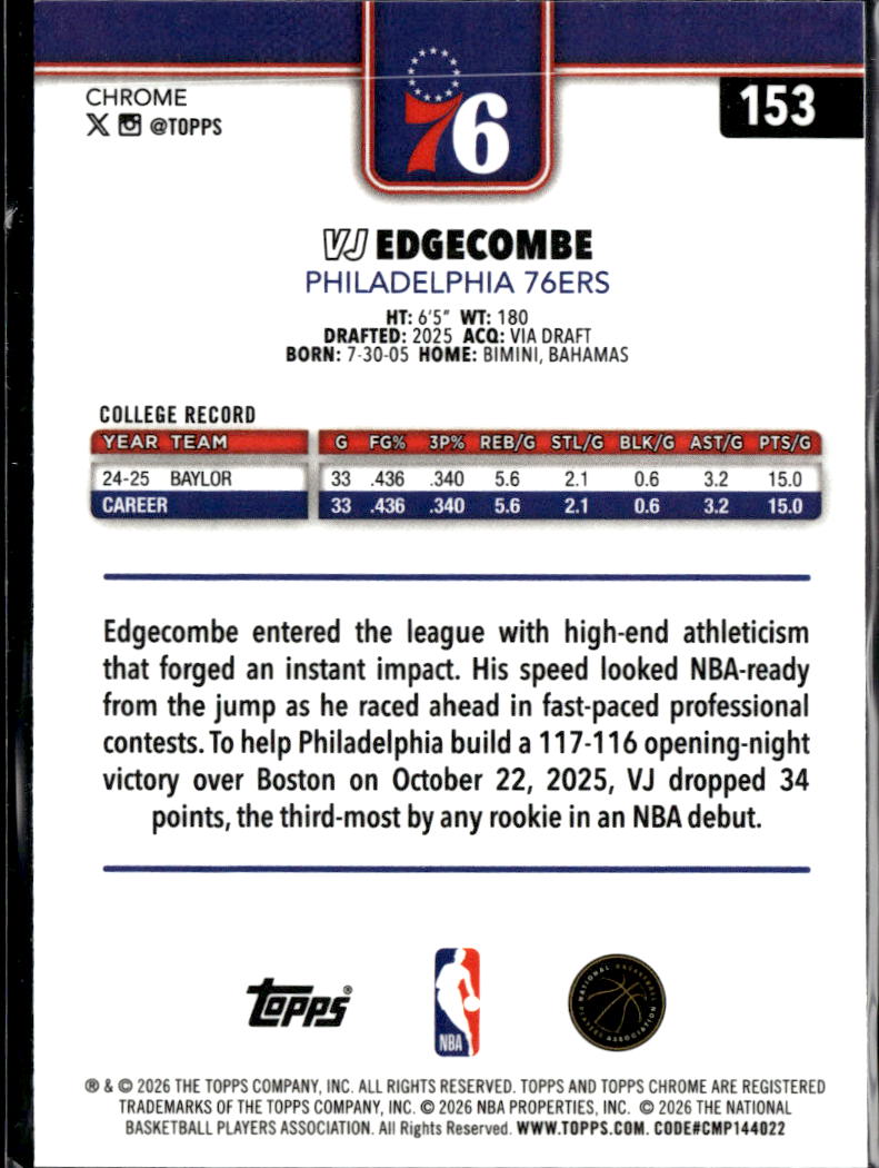 VJ Edgecombe 2026 Topps Chrome Update Rookie RC Philadelphia 76ers