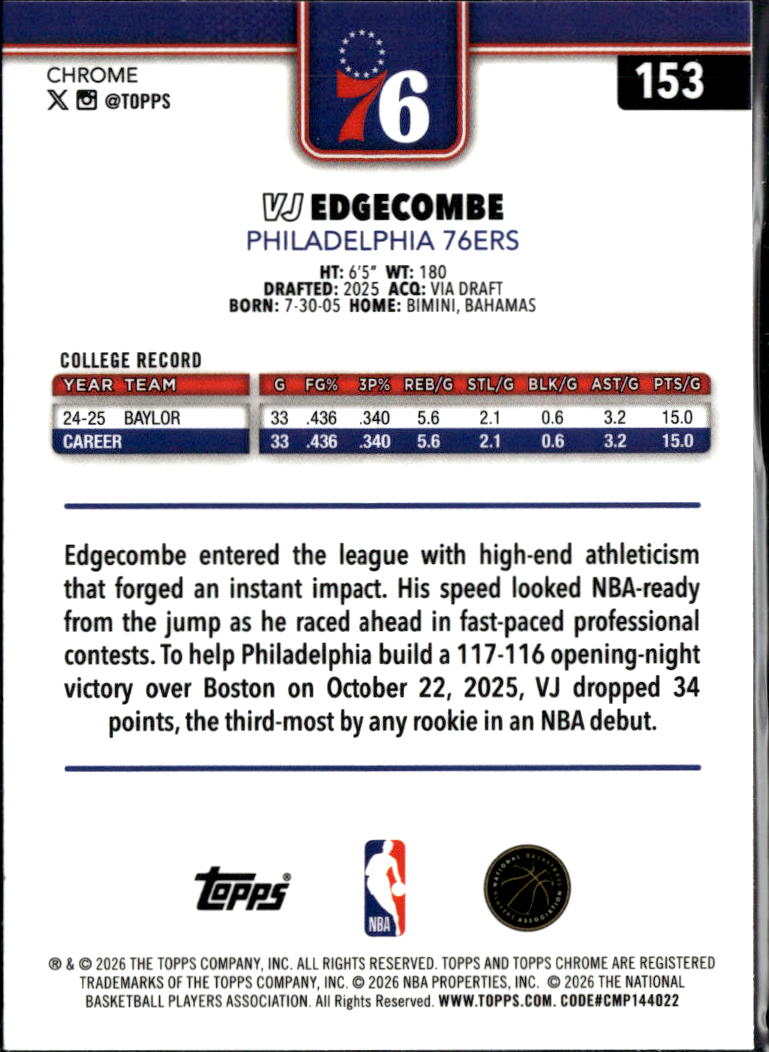 VJ Edgecombe 2026 Topps Chrome Update Rookie RC Philadelphia 76ers