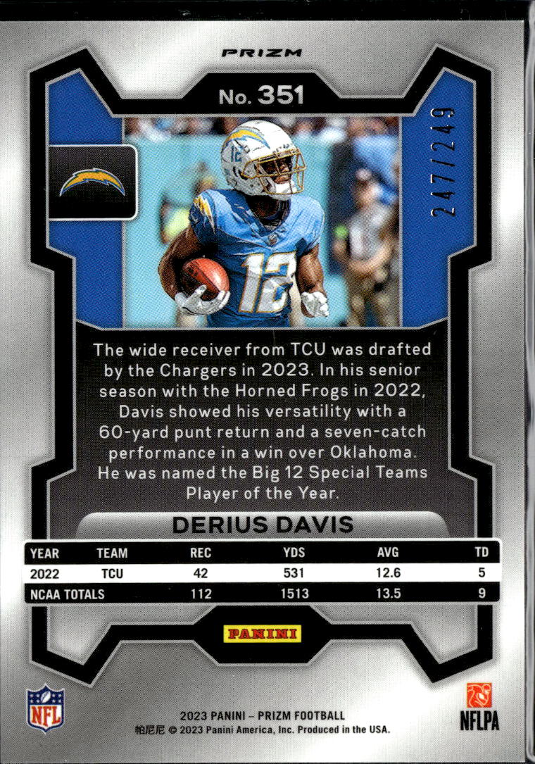 Derius Davis 2023 Prizm Orange Prizm Rookie RC /249 Los Angeles Chargers