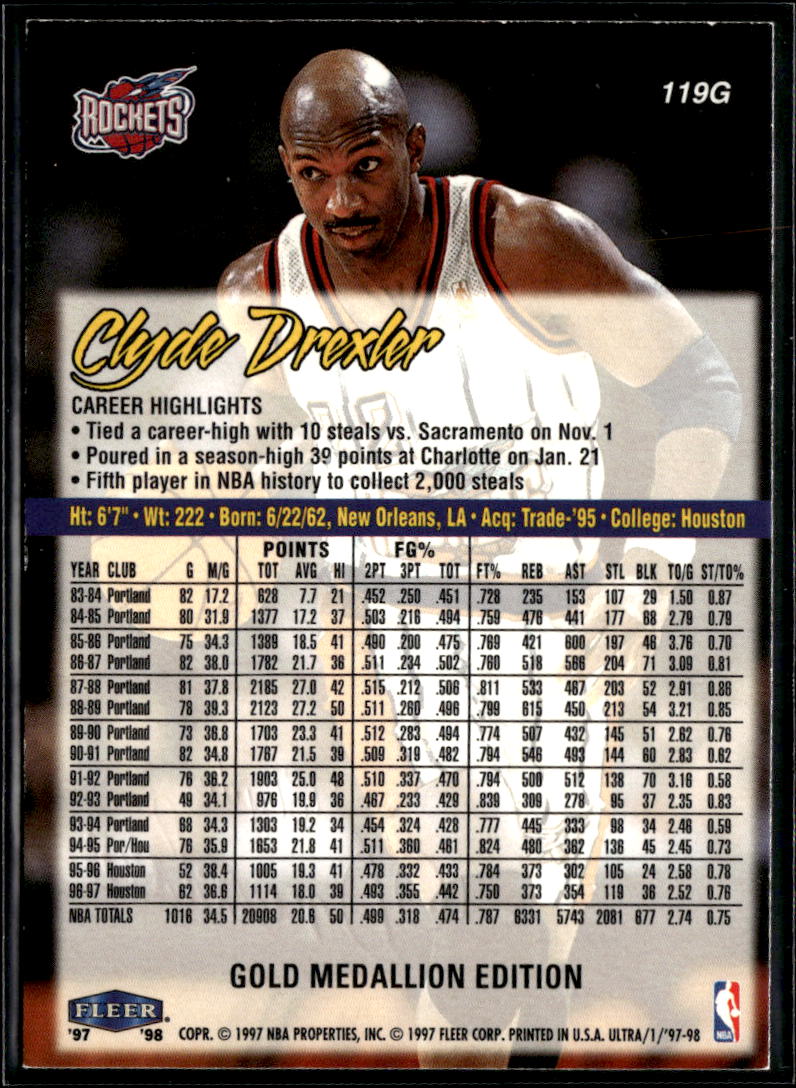Clyde Drexler 1997-98 Fleer Ultra Gold Medallion Houston Rockets