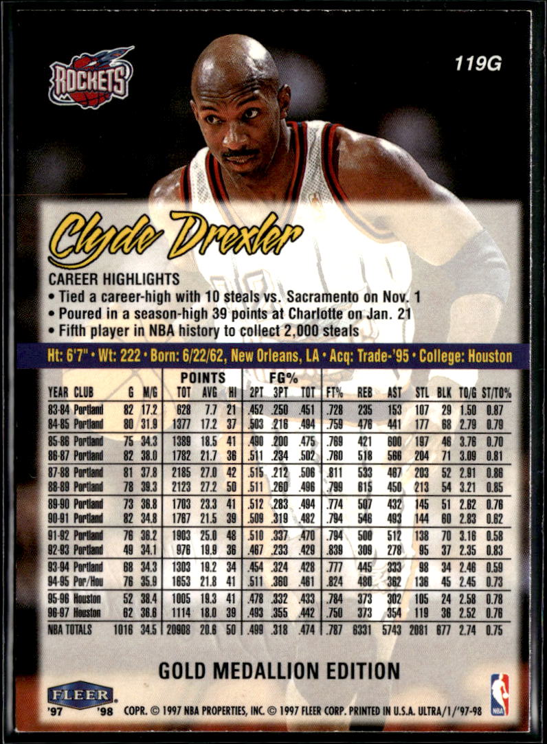 Clyde Drexler 1997-98 Fleer Ultra Gold Medallion Houston Rockets