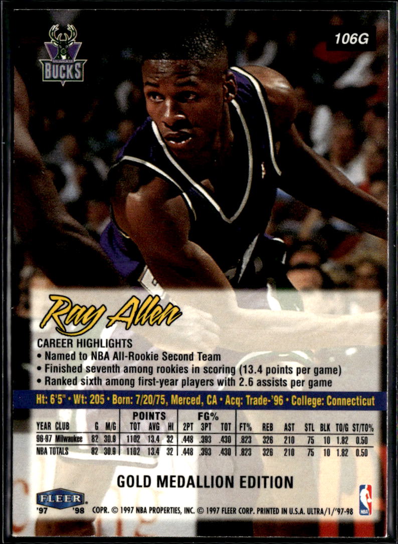 Ray Allen 1997-98 Fleer Ultra Gold Medallion Milwaukee Bucks
