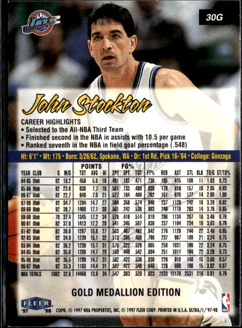 John Stockton 1997-98 Fleer Ultra Gold Medallion Edition Utah Jazz