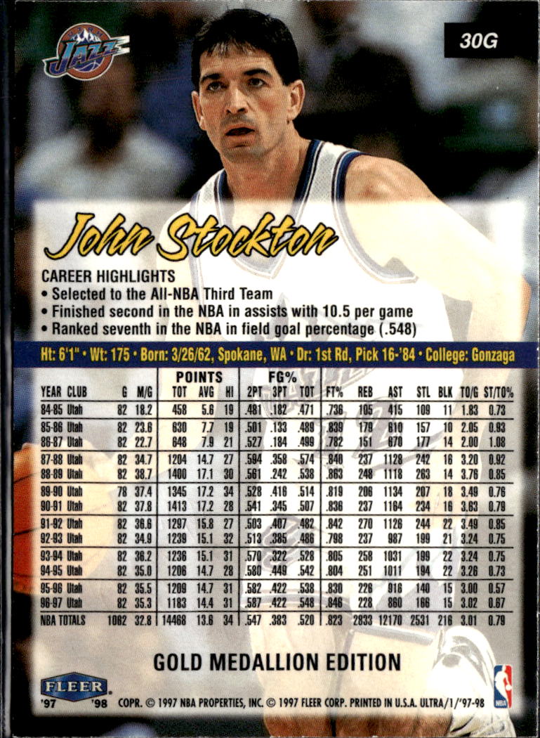 John Stockton 1997-98 Fleer Ultra Gold Medallion Utah Jazz