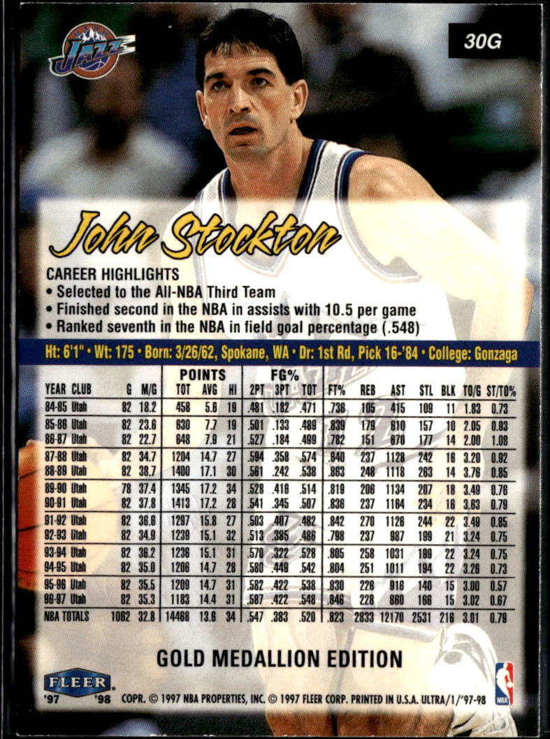John Stockton 1997-98 Fleer Ultra Gold Medallion Utah Jazz
