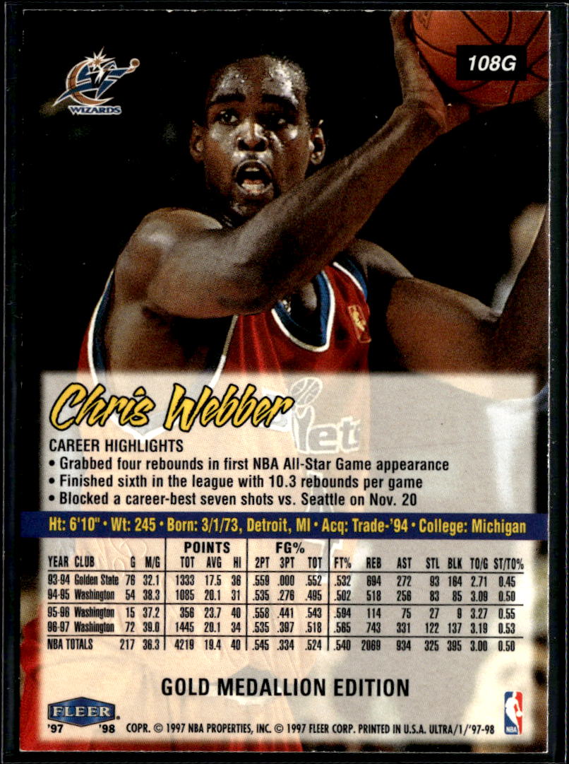 Chris Webber 1997-98 Fleer Ultra Gold Medallion Edition Washington Wizards