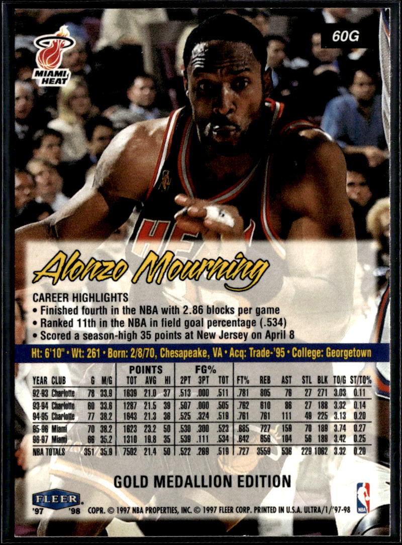 Alonzo Mourning 1997-98 Fleer Ultra Gold Medallion Miami Heat