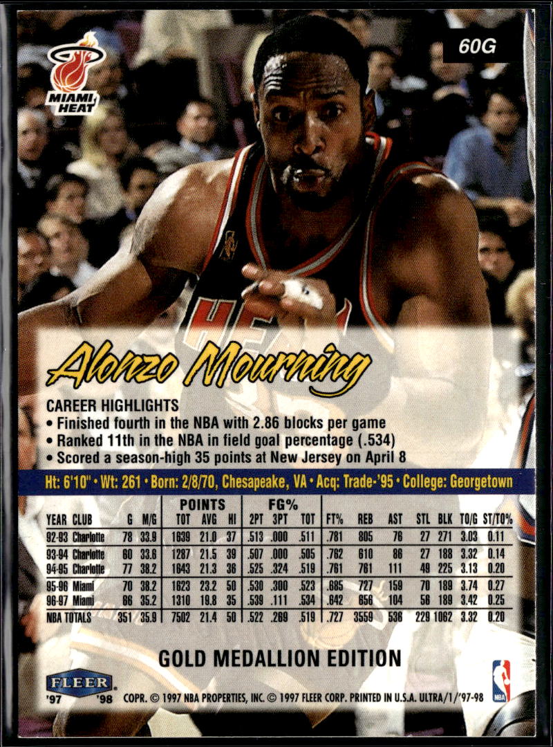 Alonzo Mourning 1997-98 Fleer Ultra Gold Medallion Edition Miami Heat