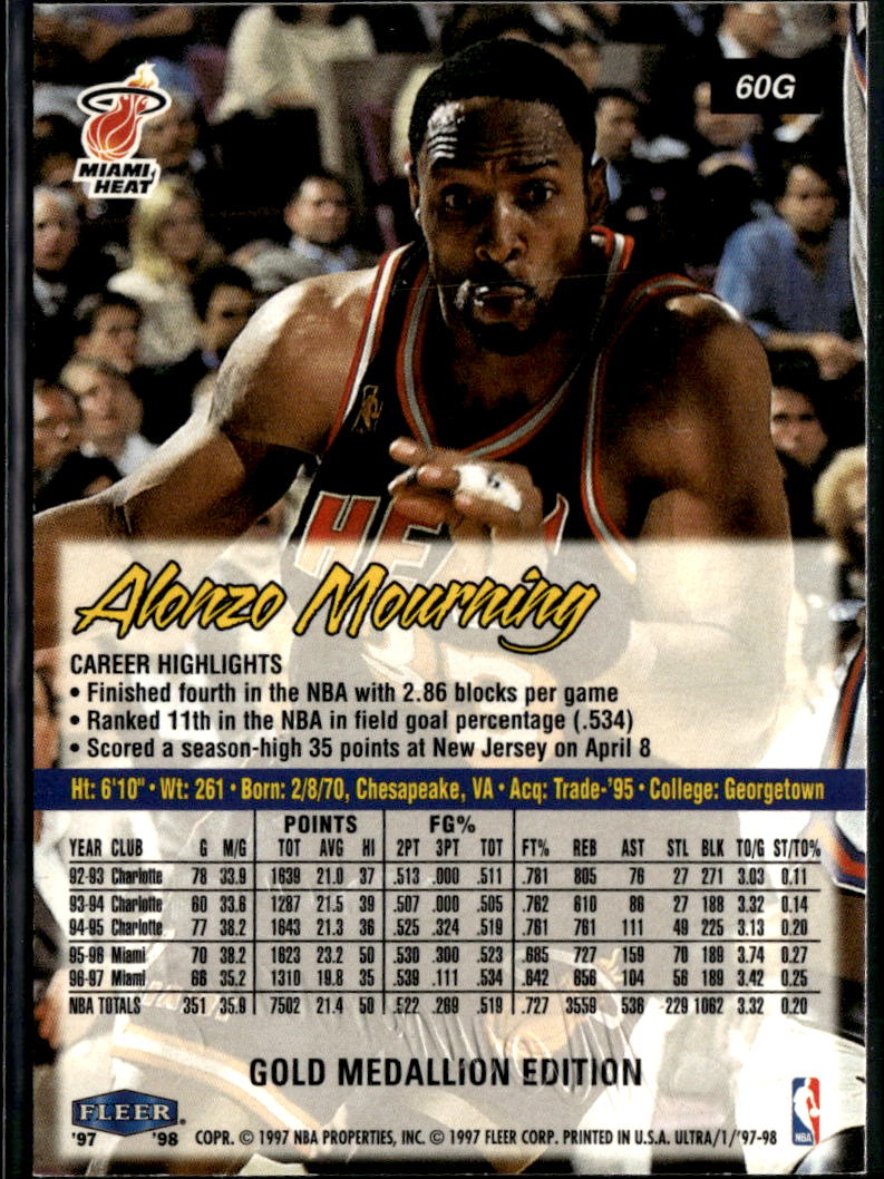 Alonzo Mourning 1997-98 Fleer Ultra Gold Medallion Edition Miami Heat