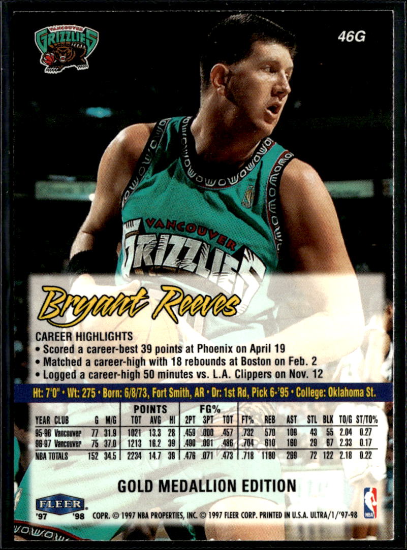 Bryant Reeves 1997-98 Fleer Ultra Gold Medallion Vancouver Grizzlies