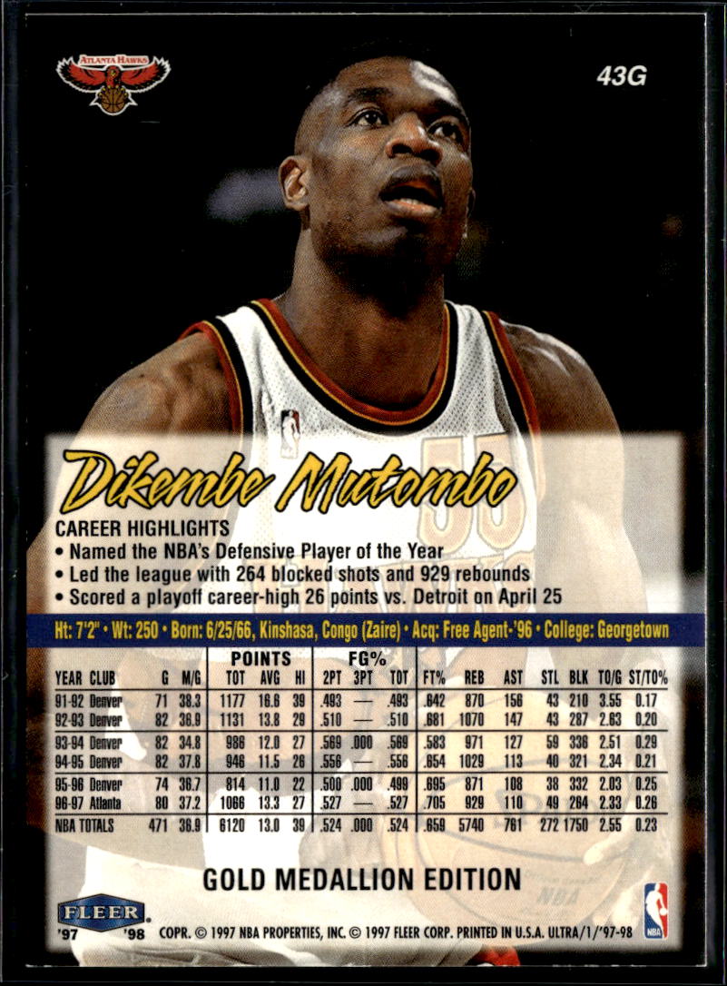 Dikembe Mutombo 1997-98 Fleer Ultra Gold Medallion Atlanta Hawks