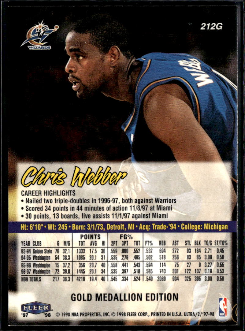 Chris Webber 1997-98 Fleer Ultra Gold Medallion Edition Washington Wizards