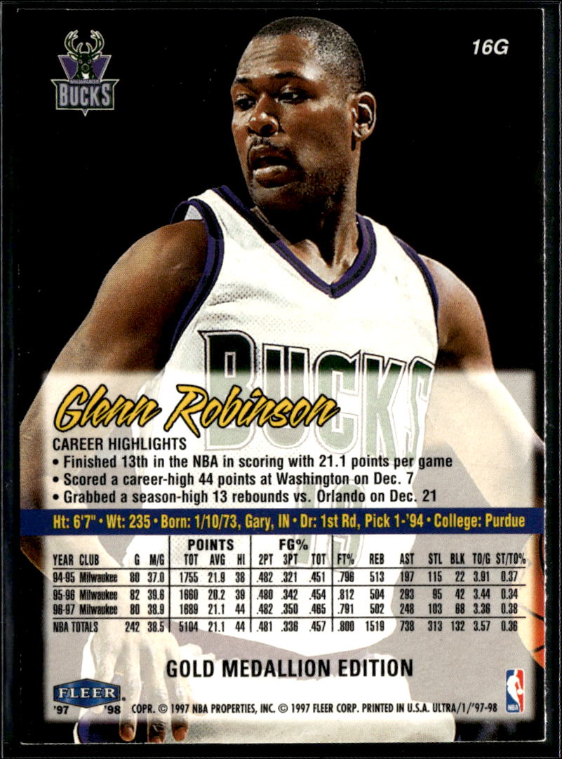 Glenn Robinson 1997-98 Fleer Ultra Gold Medallion Edition Milwaukee Bucks