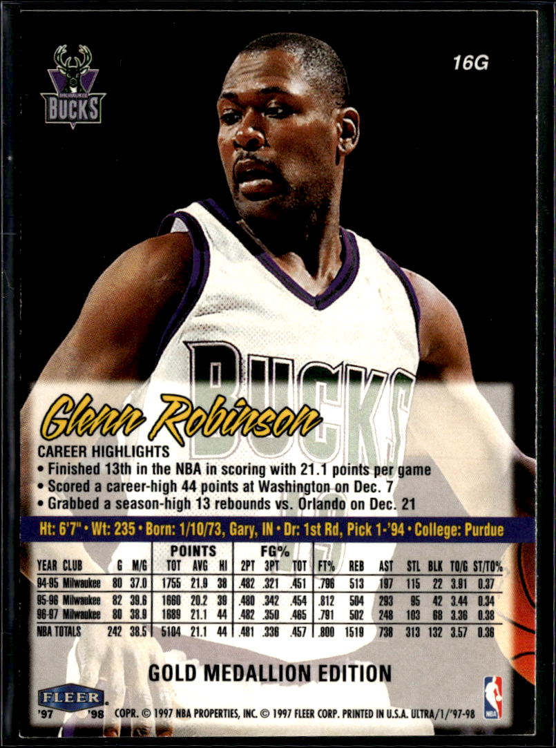 Glenn Robinson 1997-98 Fleer Ultra Gold Medallion Edition Milwaukee Bucks