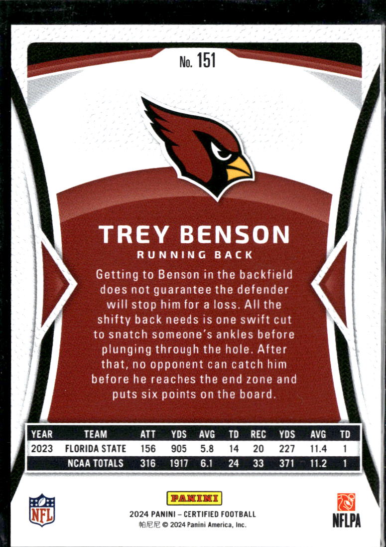 Trey Benson 2024 Certified Orange Rookie RC /150 Arizona Cardinals