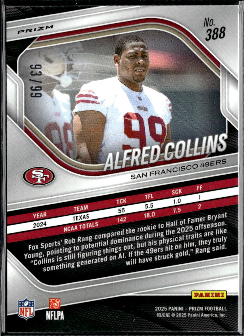 Alfred Collins 2025 Prizm Red Disco Prizm Rookie RC 93/99 San Francisco 49ers