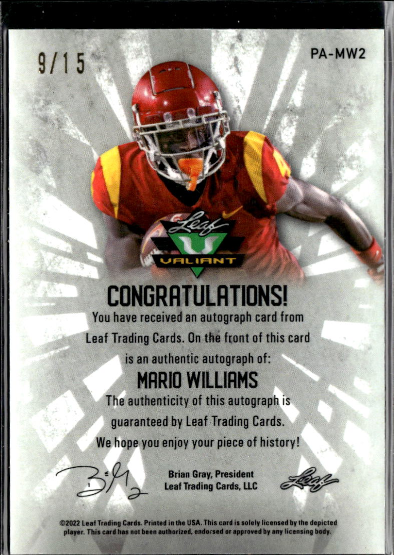 Mario Williams 2022 Leaf Valiant Auto Autograph RC /15 USC Trojans
