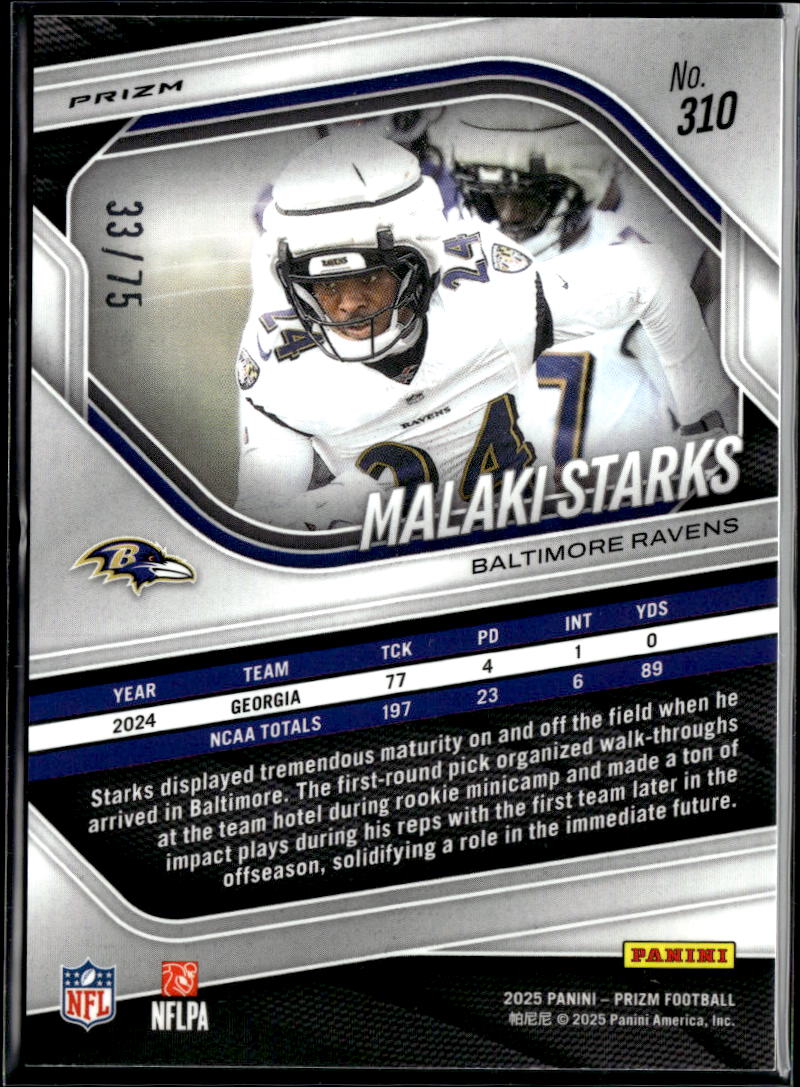 Malaki Starks 2025 Prizm Purple Disco Prizm Rookie 33/75 Baltimore Ravens
