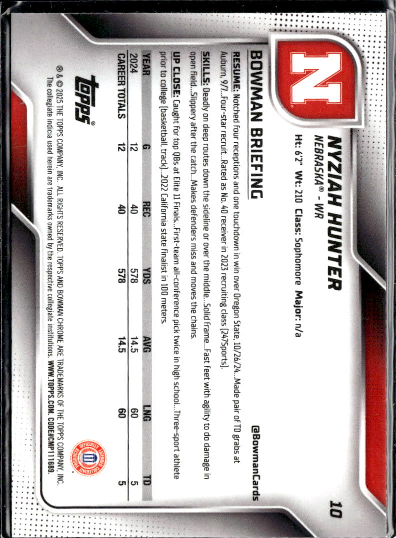 Nyziah Hunter 2025 Bowman Chrome 1st Blue 146/150 Nebraska Cornhuskers