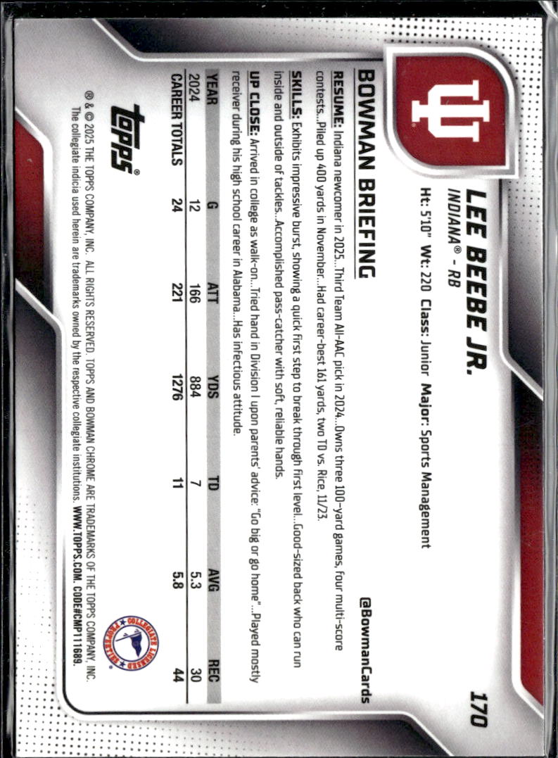 Lee Beebe Jr. 2025 Bowman Chrome 1st Yellow Refractor /350 Indiana Hoosiers