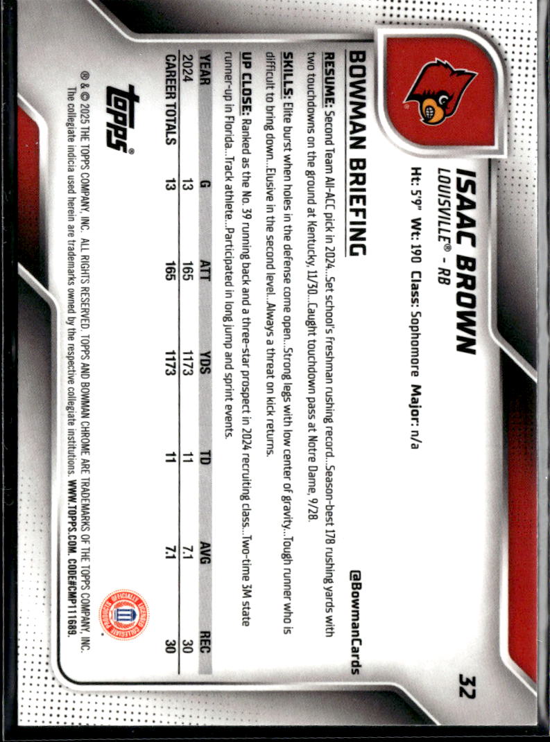 Isaac Brown 2025 Bowman Chrome 1st Yellow Refractor /350 Louisville Cardinals