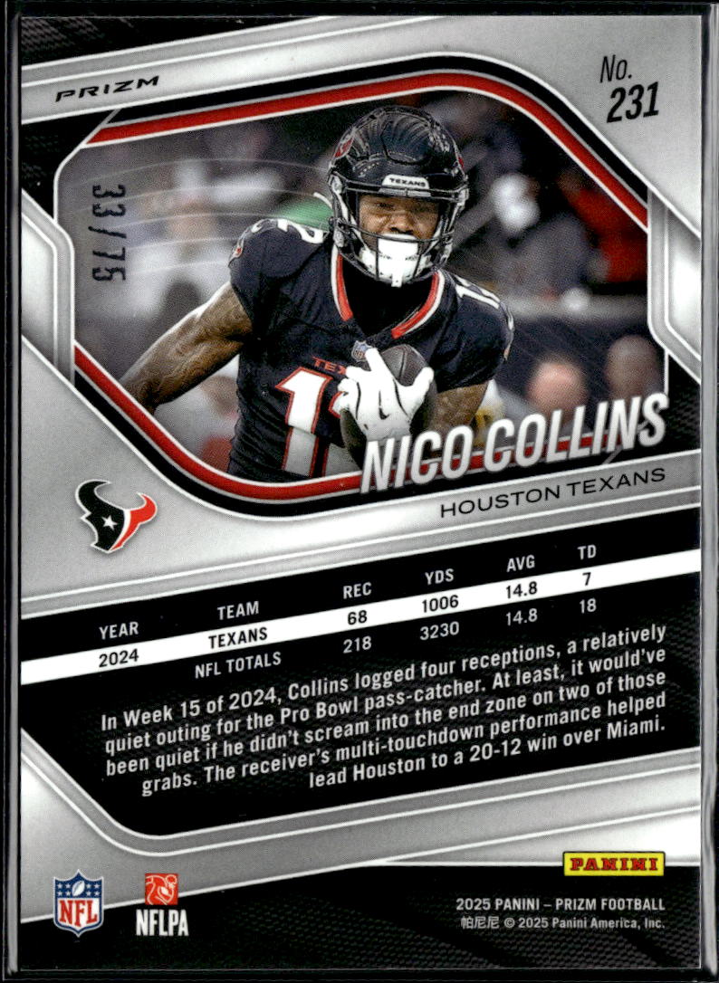 Nico Collins 2025 Prizm Purple Disco Prizm 33/75 Houston Texans