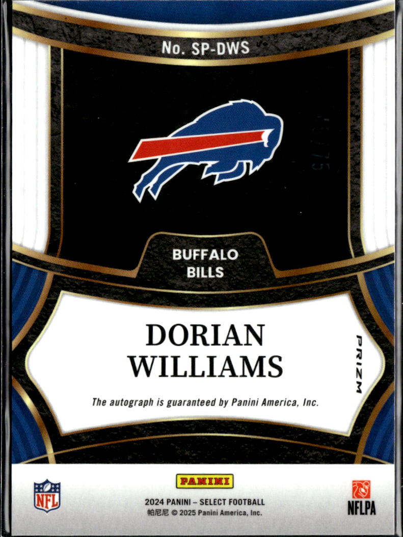 Dorian Williams 2025 Select Auto Autograph RC 45/75 Buffalo Bills